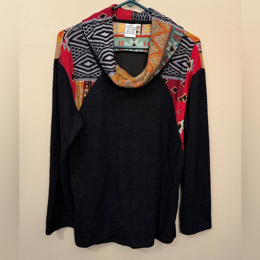 Parsley & Sage Textured Aztec Cowl Neck Pullover Black Multicolor Top Size Large
